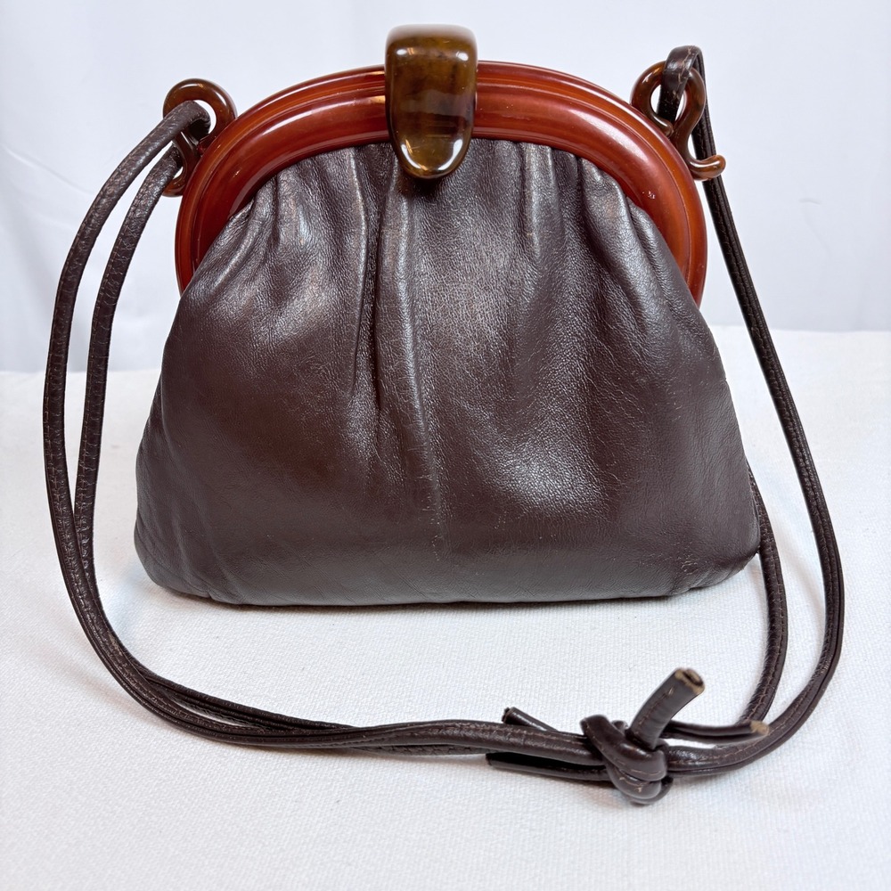 Vtg MCM Drk Brown Leather Crossbody Bag Lucite Tortoiseshell Frame Kiss Clasp